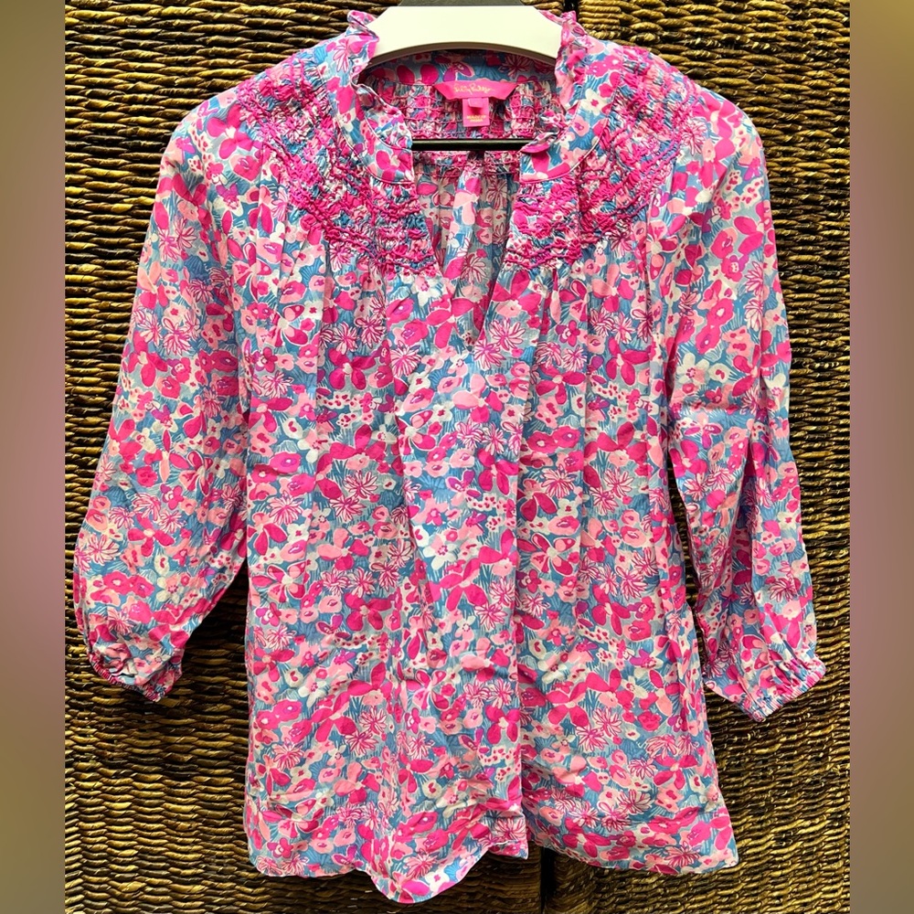 Lilly Pulitzer-Pink/Blue Floral Top- Lourdes 3/4 Sleeve, Small